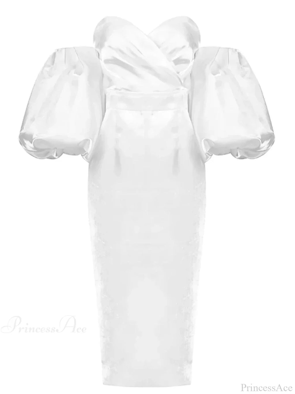 Sexy V-neck Strapless Puff Sleeve Satin Midi Off Shoulder Party Dress