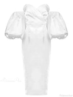 Sexy V-neck Strapless Puff Sleeve Satin Midi Off Shoulder Party Dress