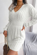 V Neck Winter Fisherman Cable Knit Sweater Mini Dress - White