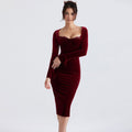 Velvet Long Sleeve Lace Trim Mesh Panel Corset Bodycon Midi Dress - Burgundy