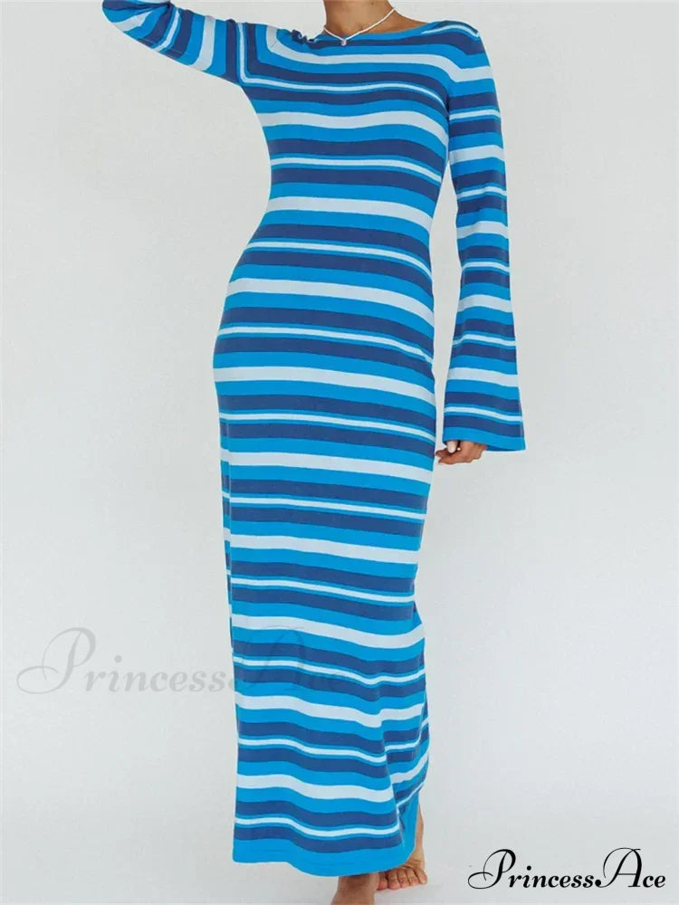 Sexy Women Knitted Sleeve Crew Neck Backless Tie-up Striped Print Slim Fit Spring Fall Vestidos