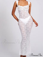 Sexy Women Lace Floral Sling Mesh See-Through Sleeveless Strap Low Cut Summer Backless Party Vestido