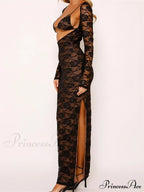 Sexy Women Lace Sleeve Low Cut Deep V-neck Party Club with Bra Summer High Split Vestidos