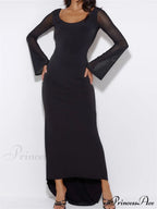 Sexy Women Mesh Sleeve Backless Ruched Lace-up Solid Color Party Female Irregular Hem Vestidos
