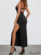 Sexy Women Summer Slim Sleeveless Lace Patchwork Low Cut Cutout Side High Split Summer Party Vestido