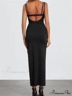 Sexy Women Summer Slim Sleeveless Lace Patchwork Low Cut Cutout Side High Split Summer Party Vestido