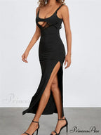 Sexy Women Summer Slim Sleeveless Lace Patchwork Low Cut Cutout Side High Split Summer Party Vestido
