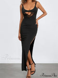 Sexy Women Summer Slim Sleeveless Lace Patchwork Low Cut Cutout Side High Split Summer Party Vestido