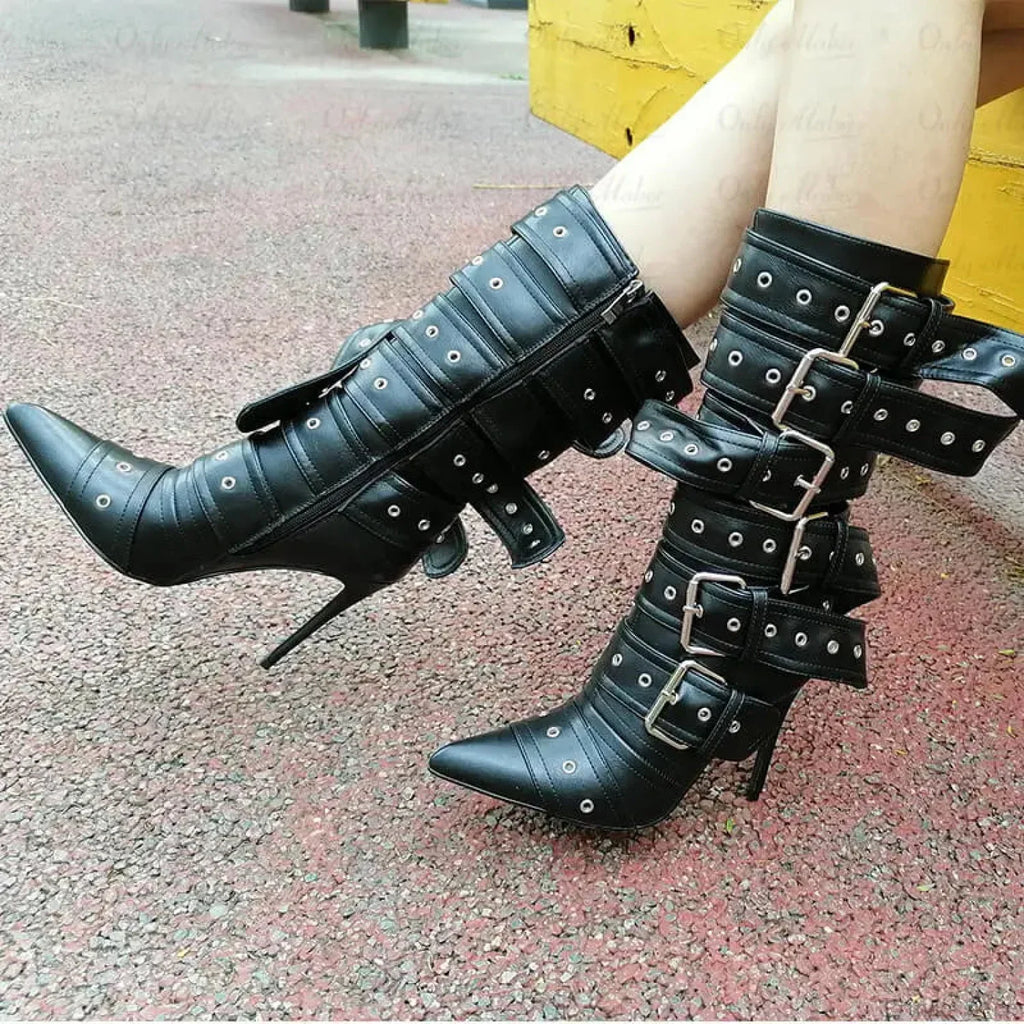 Sharp Toe Mid-Calf Clasp Stiletto Boot