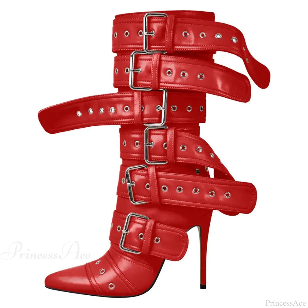 Sharp Toe Mid-Calf Clasp Stiletto Boot