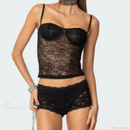 Sheer Lace Cupped Corset Hook Eye Back Crop Top See-Through Shorts Two Pieces Set