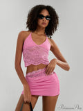 Sheer Lace Halter Crop Top Asymmetric Skirt Outfit
