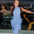 3D Flower Ruffle Trim Sleeveless Club Dress - Blue