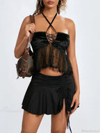 Sheer Mesh Halter Tie-up Strapless Backless Bandeau