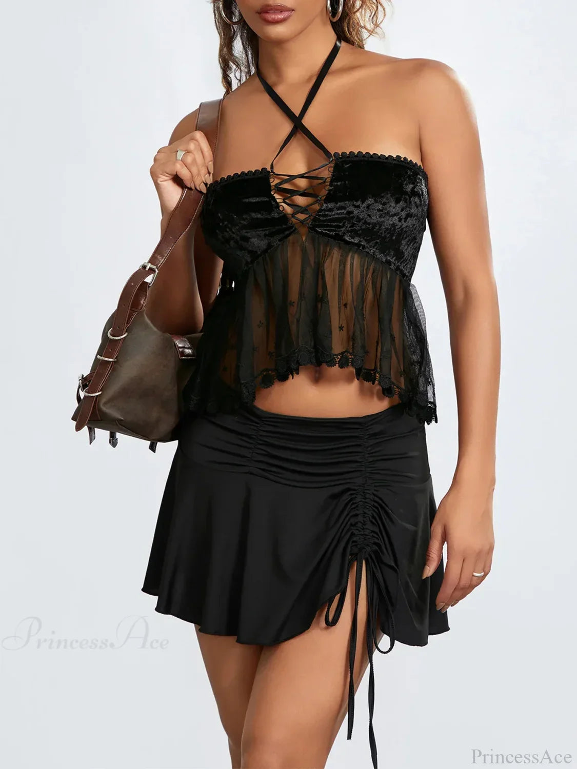 Sheer Mesh Halter Tie-up Strapless Backless Bandeau
