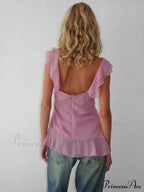 Sheer Mesh Sleeveless Backless 3D Stylish Elegant Trendy Chic Ruffle Crop Top