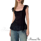 Sheer Mesh Sleeveless Backless 3D Stylish Elegant Trendy Chic Ruffle Crop Top