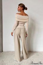 Sheer Off-Shoulder Fitted Solid Pullover Knit Top