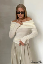 Sheer Off-Shoulder Fitted Solid Pullover Knit Top