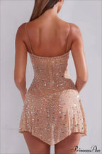 Sheer Rhinestone Camisole Strap Short Party Dress