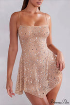 Sheer Rhinestone Camisole Strap Short Party Dress
