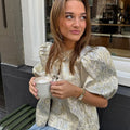 Shimmer Lace-Up Bow Puffy Sleeve Short Blouse