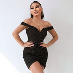 Ruched Wrap Trim Off Shoulder Bodycon Party Mini Dress - Black