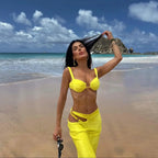 Shiny Bandeau Bikini with Cover Up Three Piece Swimsuit