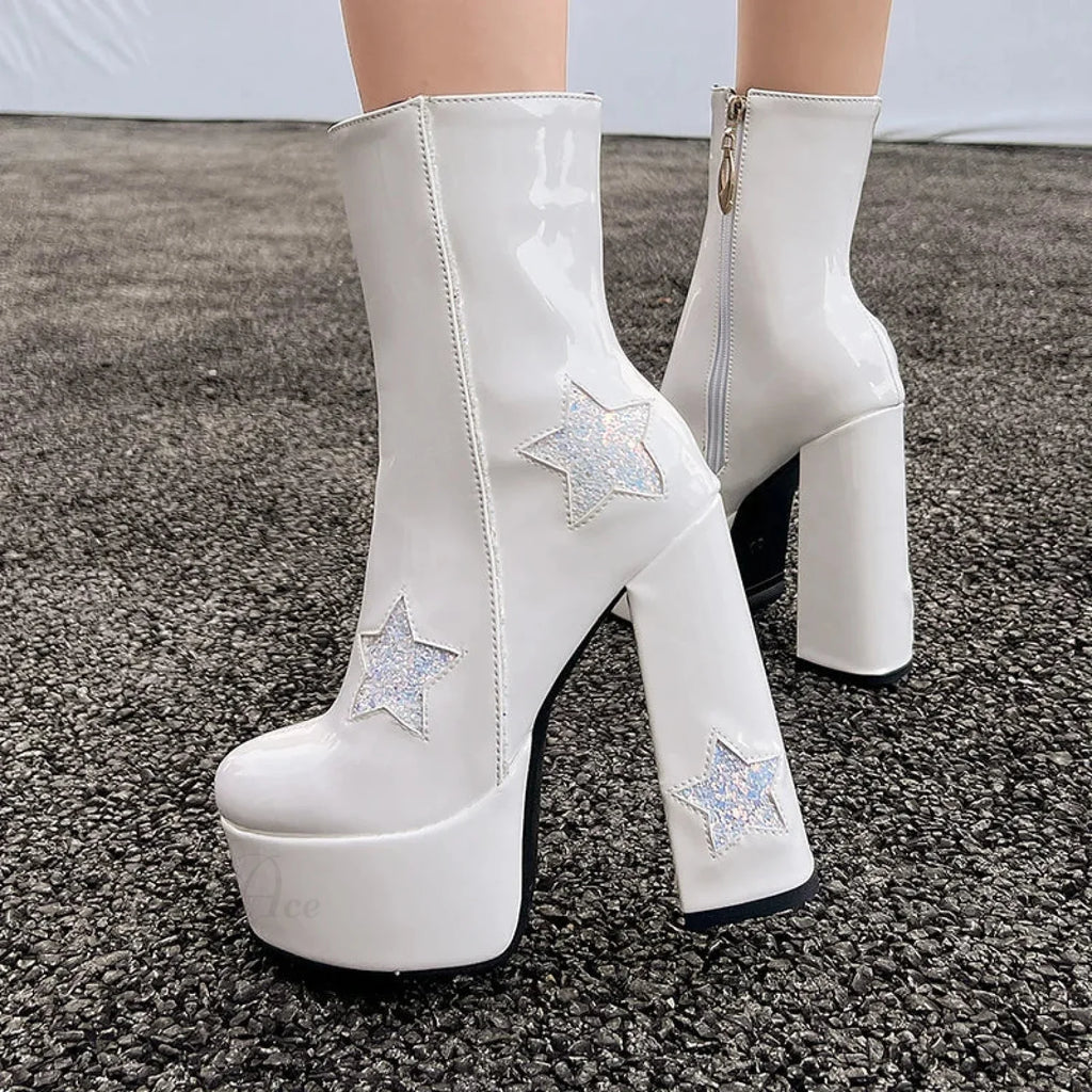 Shiny Leather Sparkle Elevated Gothic Zipper Brief Boot