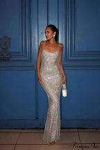 Shiny Spaghetti Strap Slim Fitted Long Party Dress