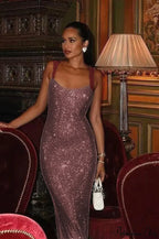 Shiny Spaghetti Strap Slim Fitted Long Party Dress