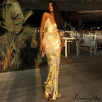 Shiny Sparkling Sexy Backless V Neck Maxi Dress