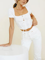 Short Puff Sleeve Embroidery Smocked Tie Bow Crop Blouse