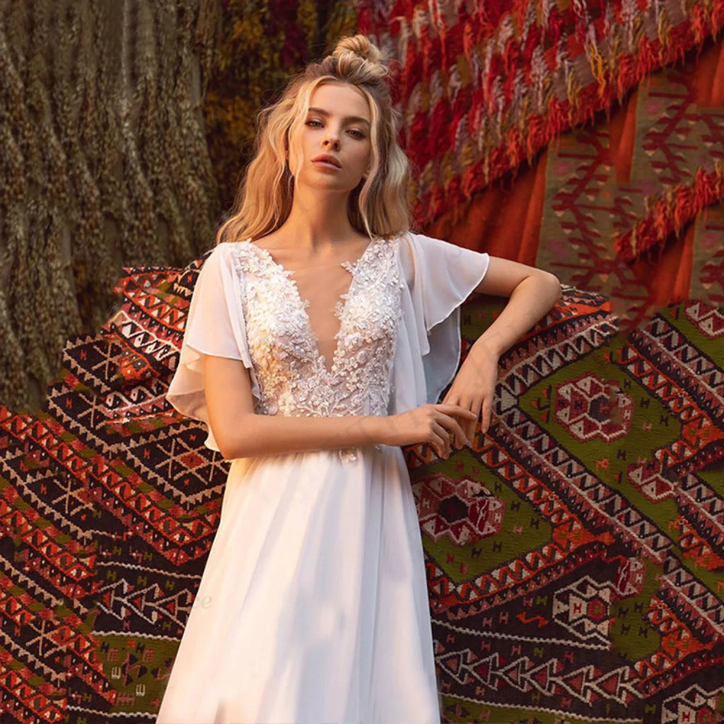Short Sleeve Deep V-Neck Sheer Wedding Dress
