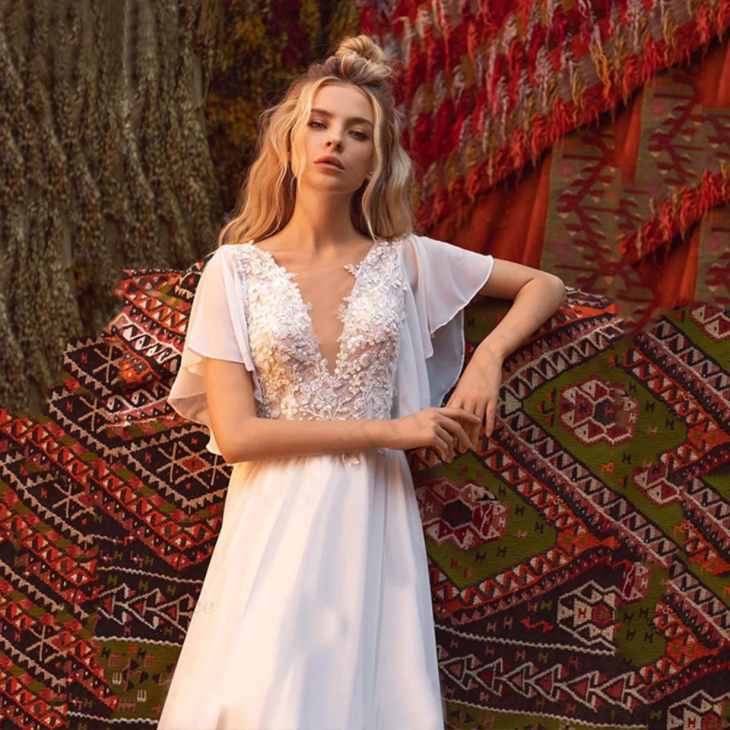 Short Sleeve Deep V-Neck Sheer Wedding Dress
