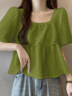Short Sleeve Pleated Textured Blouse Summer Blouse