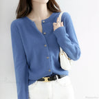 Short Slim O-Neck Single Breasted Gold Camel Knit Cardigan