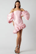 Silky Off The Shoulder Puff Sleeve Oversized Ruffle Satin Party Mini Dress - Pink
