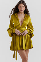 Silky Satin Collared V Neck Bishop Sleeve Pleated Shirt Mini Dress - Grass Green