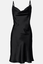 Silky Satin Cowl Neck Spaghetti Strap Lace Up Back Slip Mini Sundress - Black