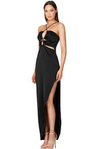 Silky Satin Cross Front Cutout Slit Cocktail Party Dress - Black