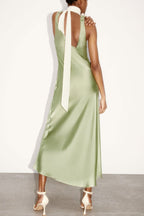 Silky Satin Deep V Ruched Suspender Strap Sleeveless Maxi Dress - Green