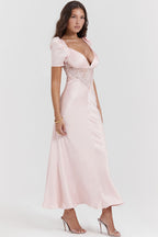 Silky Satin Pleated Deep V Puff Sleeve Lace Panel Fishtail Evening Maxi Dress - Pink