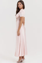 Silky Satin Pleated Deep V Puff Sleeve Lace Panel Fishtail Evening Maxi Dress - Pink
