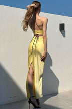 Silky Satin Rosette Trim Cutout Strapless Summer Prom Maxi Dress - Yellow