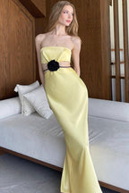 Silky Satin Rosette Trim Cutout Strapless Summer Prom Maxi Dress - Yellow