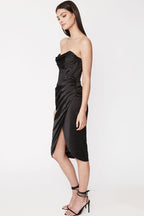 Silky Satin Ruched Corset Strapless Split Cocktail Party Midi Dress - Black
