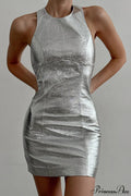 Silver Futuristic PU Leather Crew Neck Fitted Mini Dress