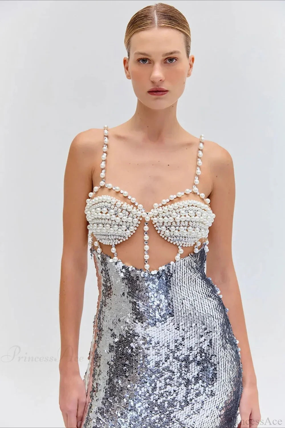 Silver Sequin Sexy Halter Backless Evening Dress