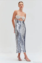 Silver Sequin Sexy Halter Backless Evening Dress